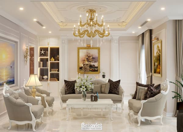 Mẫu thiết kế phòng sinh hoạt chung tân cổ điển biệt thự NT22103