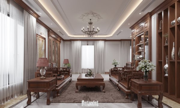 Thiết kế phòng khách biệt thự gỗ truyền thống NT22153