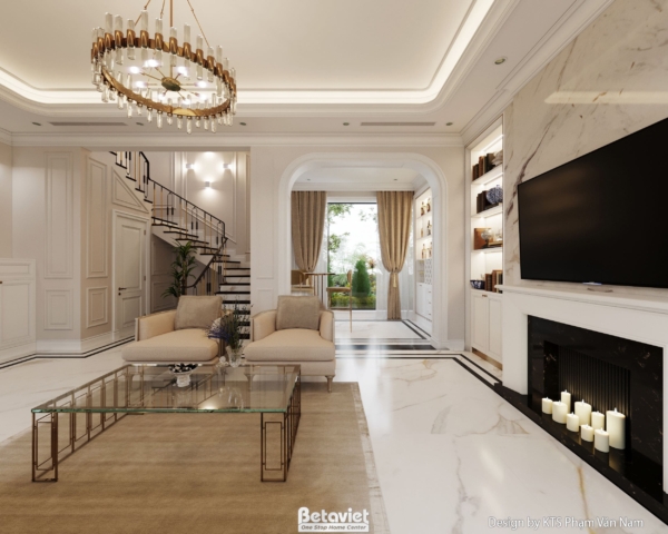 Thiết kế phòng sinh hoạt chung biệt thự tân cổ điển KĐT Vinhomes Cầu Rào NT24407