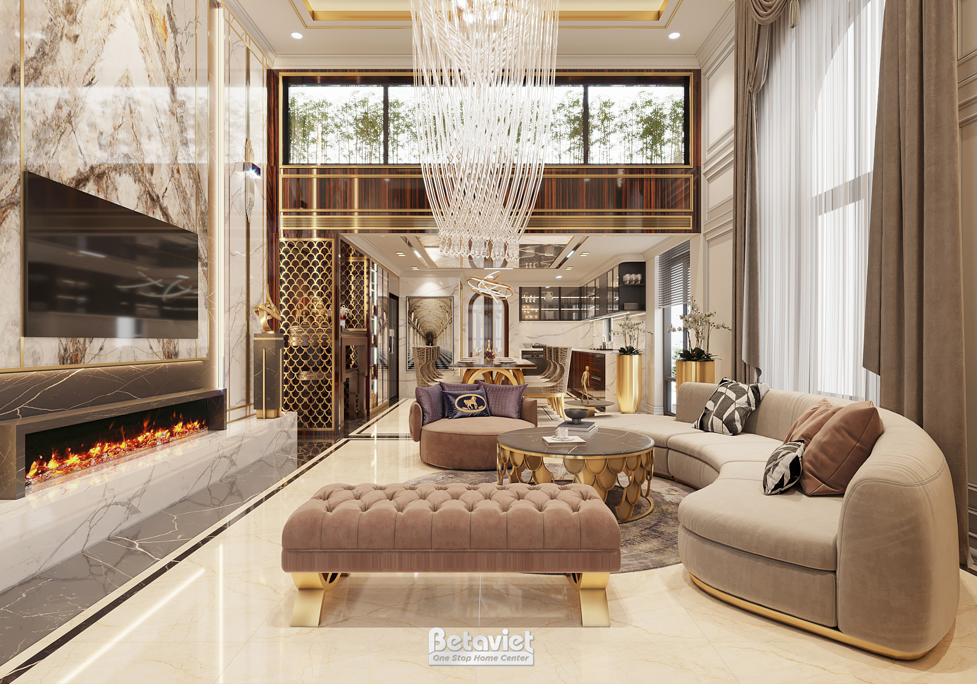 Thiết kế bếp liền phòng khách cao cấp