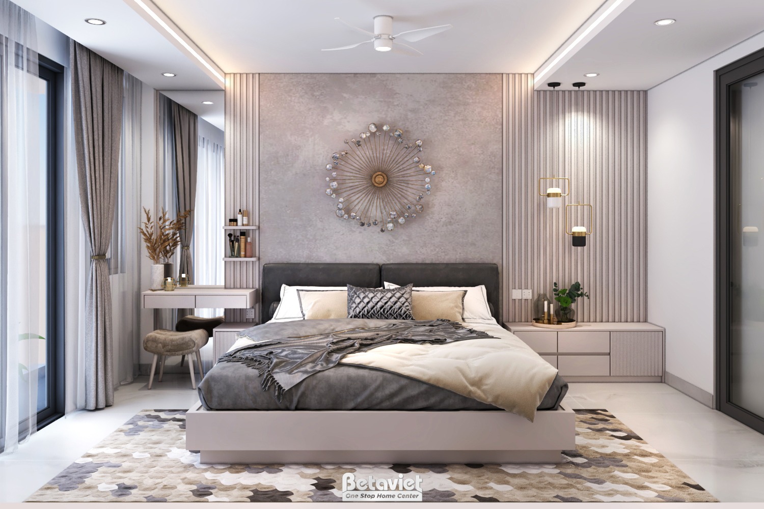 Phòng ngủ xám gỗ ấm áp