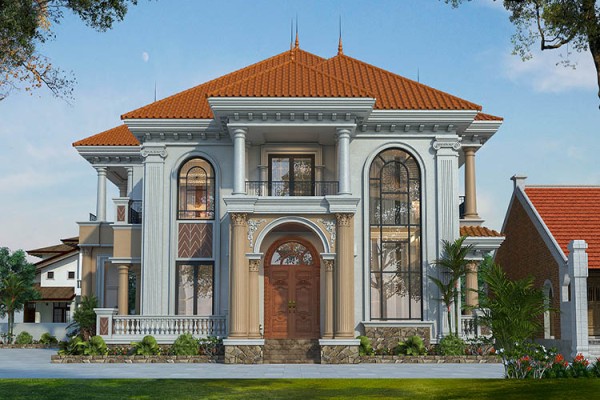 Bản vẽ nhà biệt thự 2 tầng có mái ngói màu đỏ