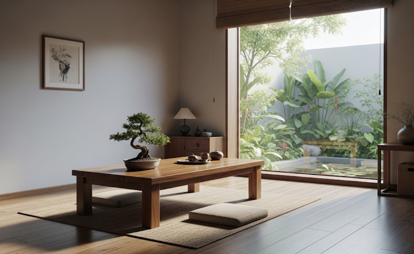 Phòng khách Zen với vật liệu tự nhiên