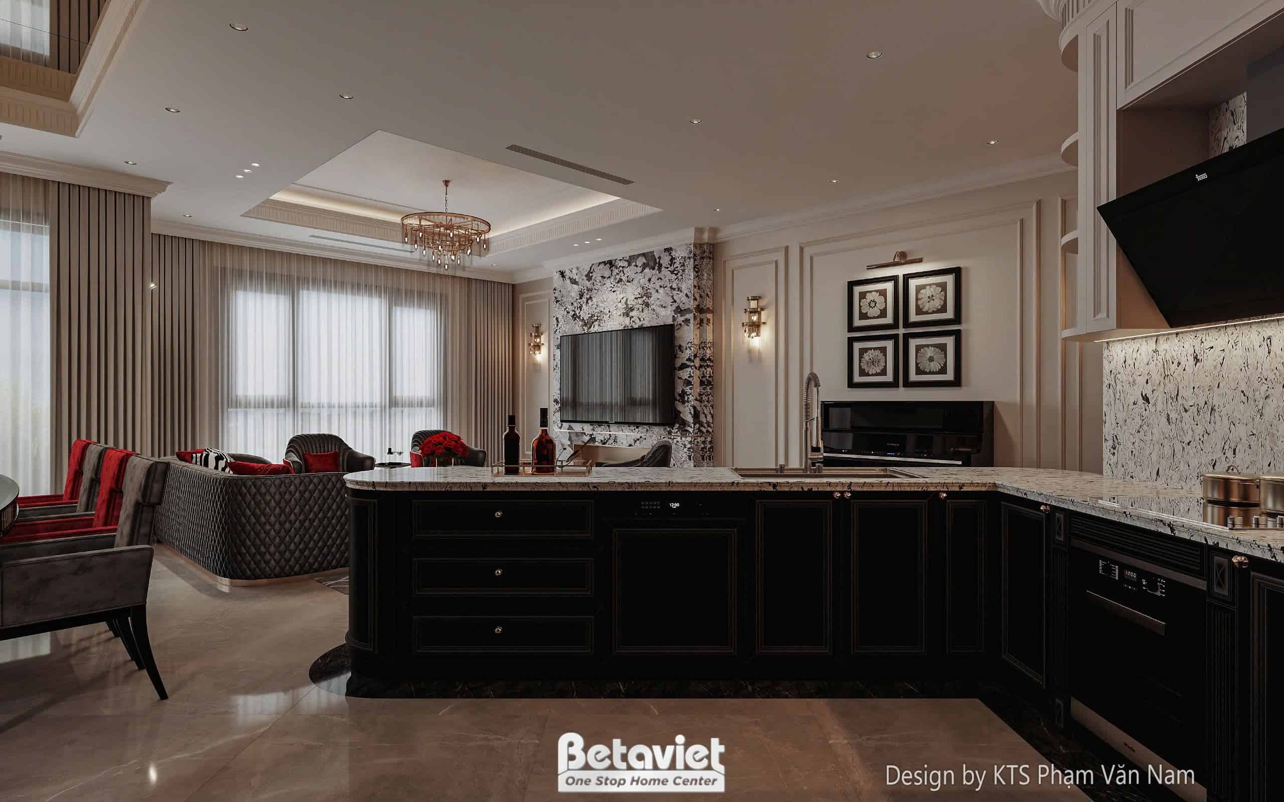 A modern kitchen with a large island and a dining area.