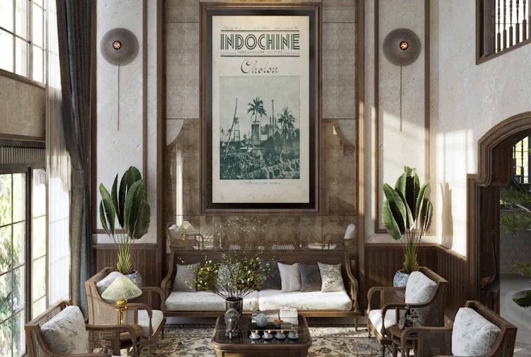 Thiết kế nội thất phòng khách Indochine biệt thự NT25824