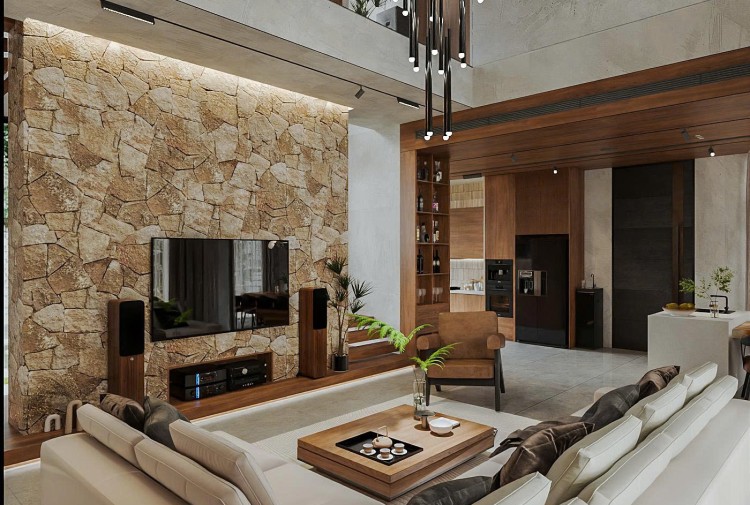 Thiết kế nội thất phòng khách hiện đại gỗ biệt thự NT25865