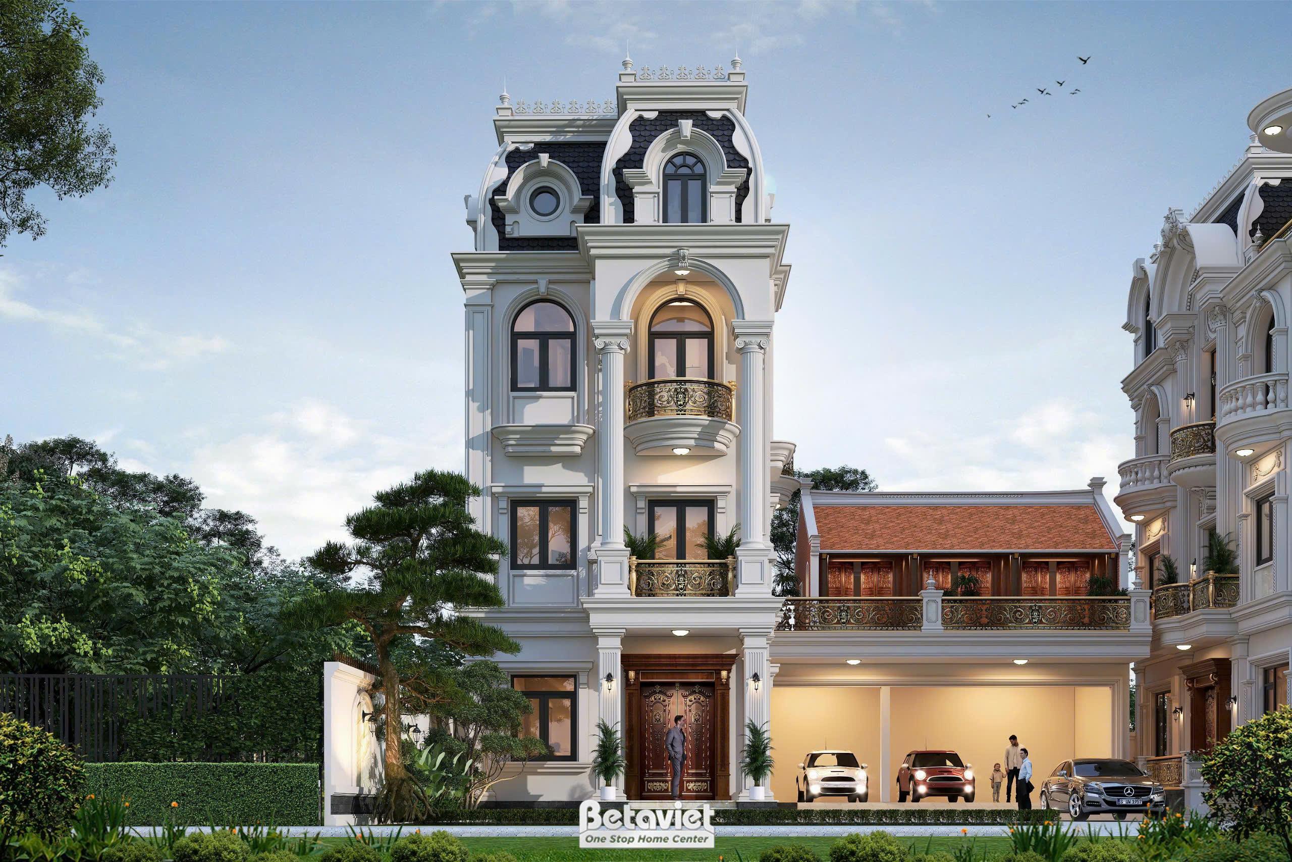 Biệt thự 3 tầng tân cổ điển kiểu Pháp 504m² Nam Định - mái Mansard ngói ardoise, cột Corinthian đá, ban công sắt rèn