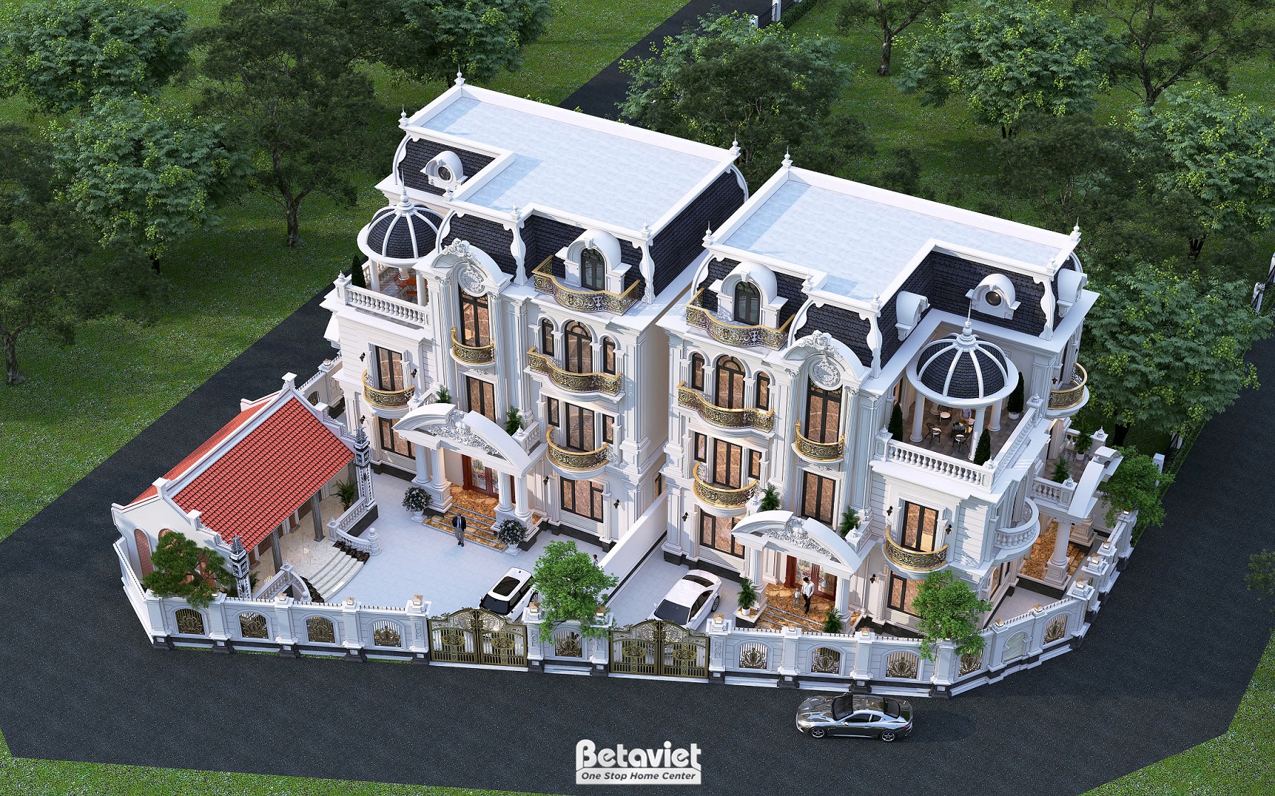 Biệt thự song lập 3 tầng kiểu Pháp 1200m² Bắc Giang - 2 dinh thự song hành, cột La Mã 3 tầng, mái Mansard kép