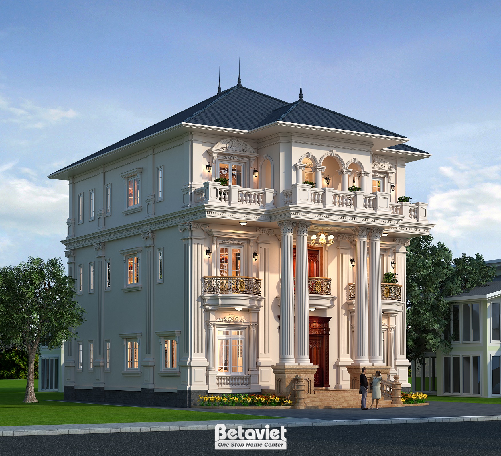 Mẫu biệt thự 3 tầng tân cổ điển 504m² Hưng Yên - mặt tiền sang trọng, ban công đá balustrade, cổng sắt rèn