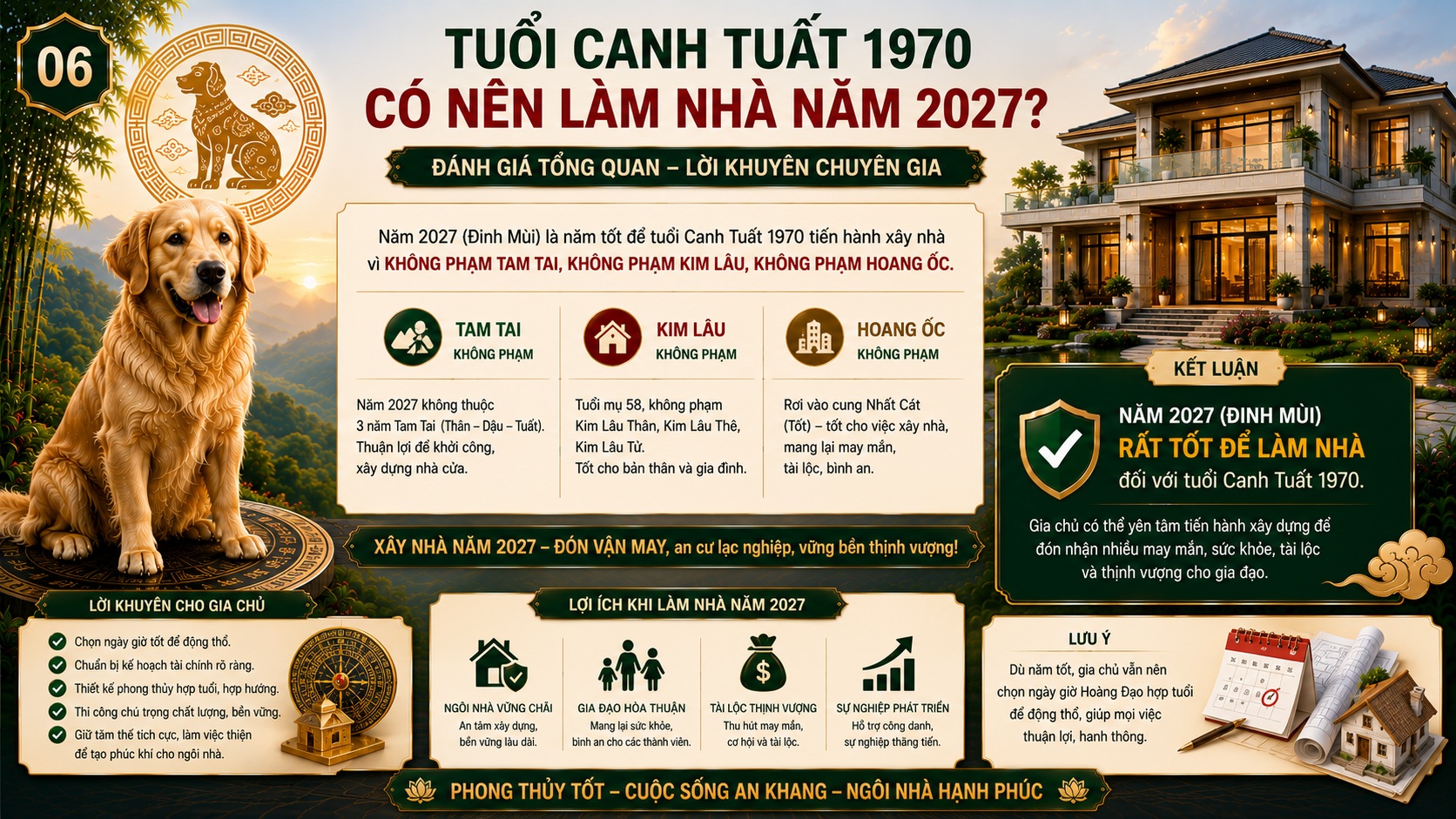 Tuổi Canh Tuất 1970 làm nhà năm 2027 có đẹp không? Xem tuổi xây nhà chuẩn phong thủy