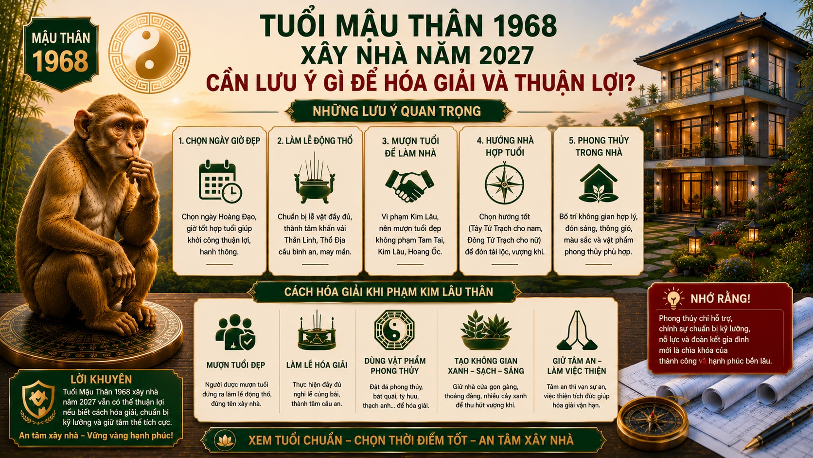 Tuổi Mậu Thân 1968 làm nhà năm 2027 có tốt không? Xem Kim Lâu, Hoang Ốc, Tam Tai chi tiết