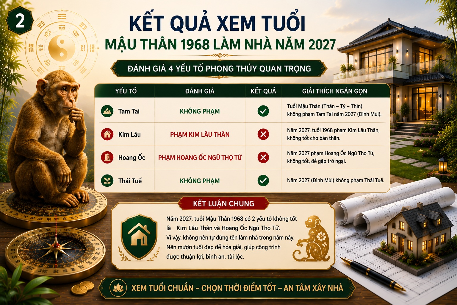Tuổi Mậu Thân 1968 làm nhà năm 2027 có tốt không? Xem Kim Lâu, Hoang Ốc, Tam Tai chi tiết