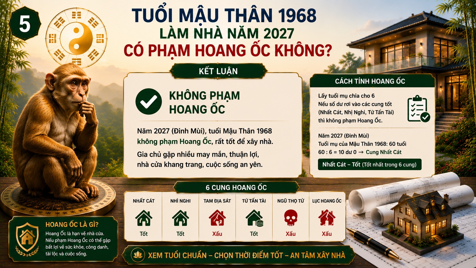 Tuổi Mậu Thân 1968 làm nhà năm 2027 có tốt không? Xem Kim Lâu, Hoang Ốc, Tam Tai chi tiết