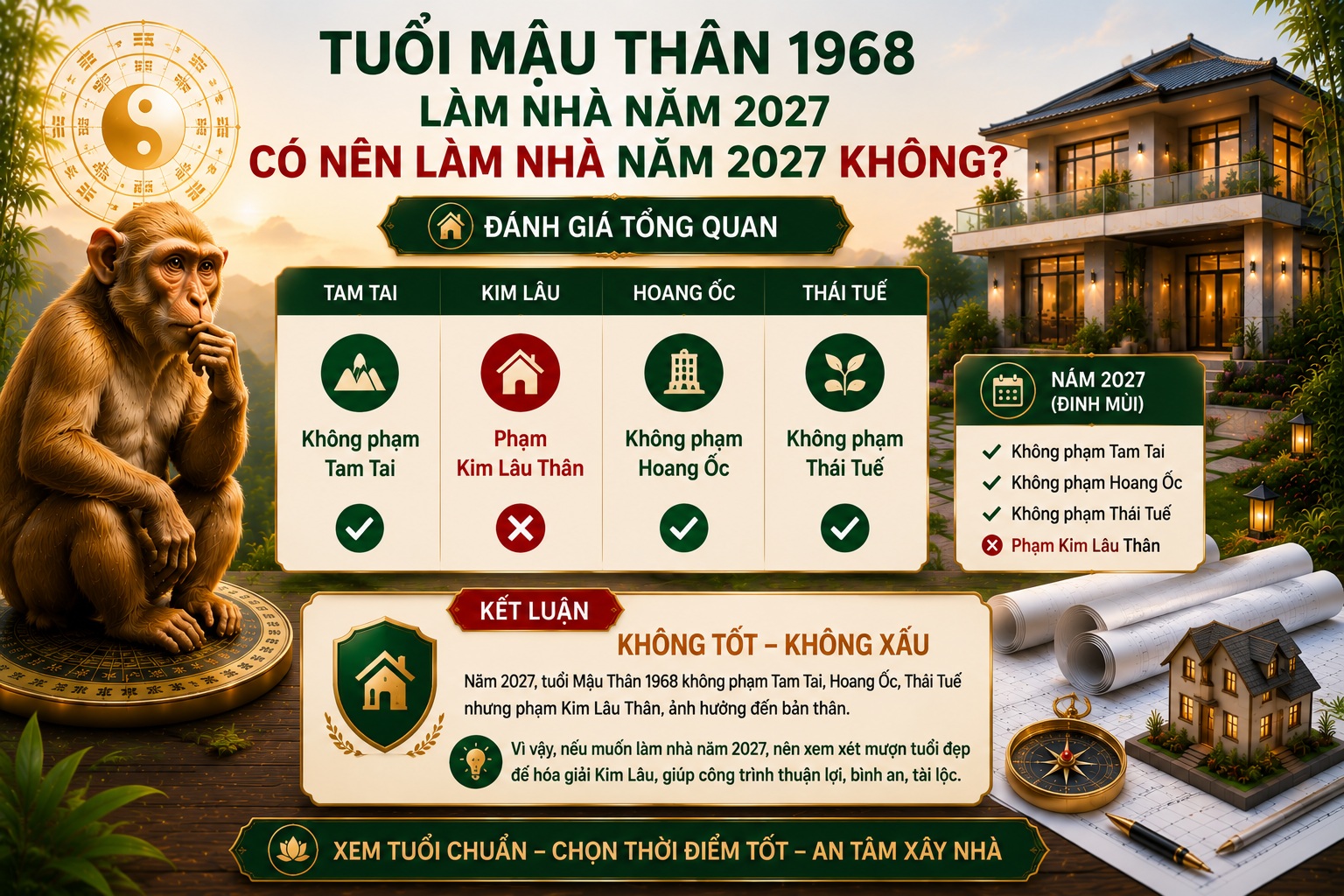 Tuổi Mậu Thân 1968 làm nhà năm 2027 có tốt không? Xem Kim Lâu, Hoang Ốc, Tam Tai chi tiết