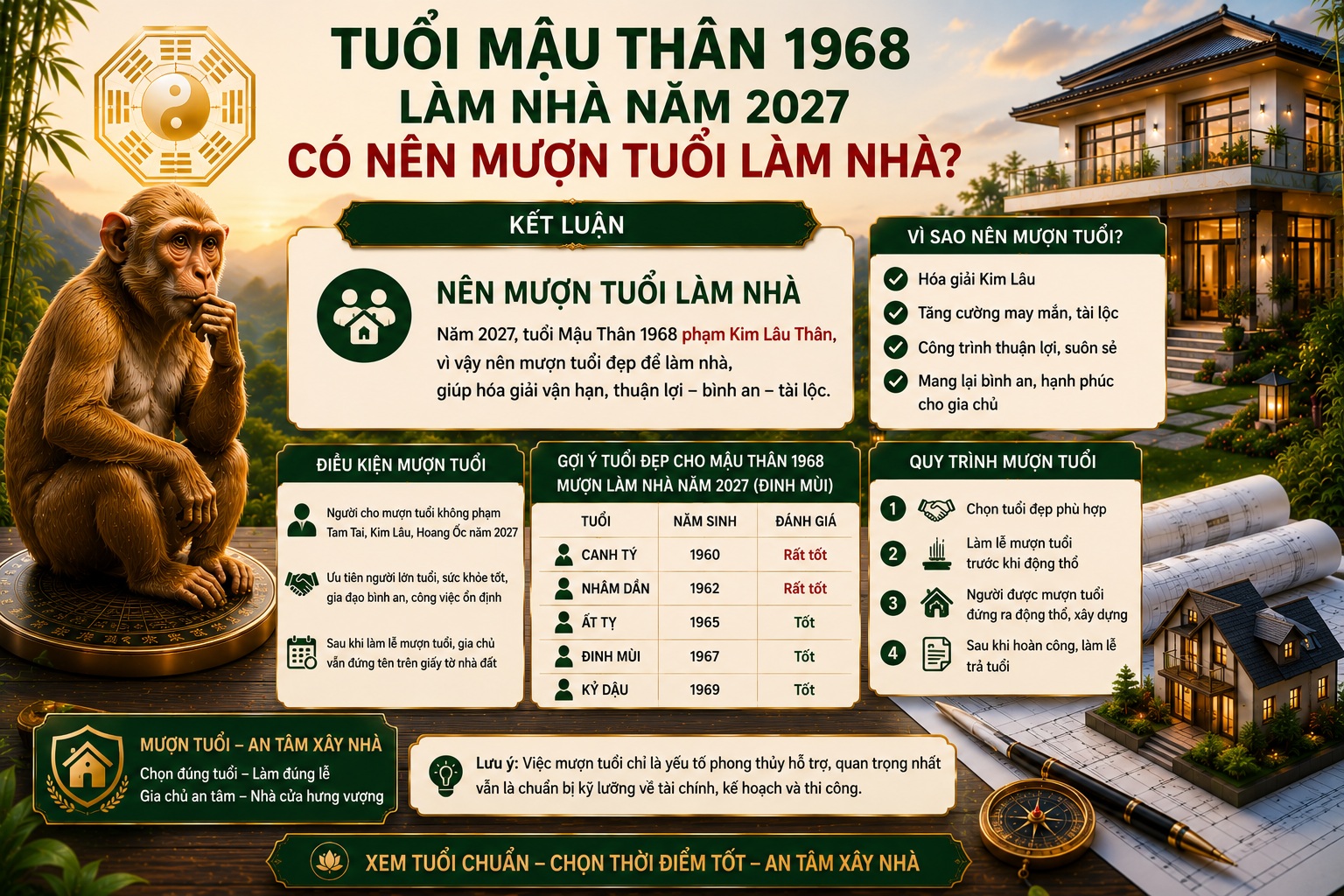 Tuổi Mậu Thân 1968 làm nhà năm 2027 có tốt không? Xem Kim Lâu, Hoang Ốc, Tam Tai chi tiết
