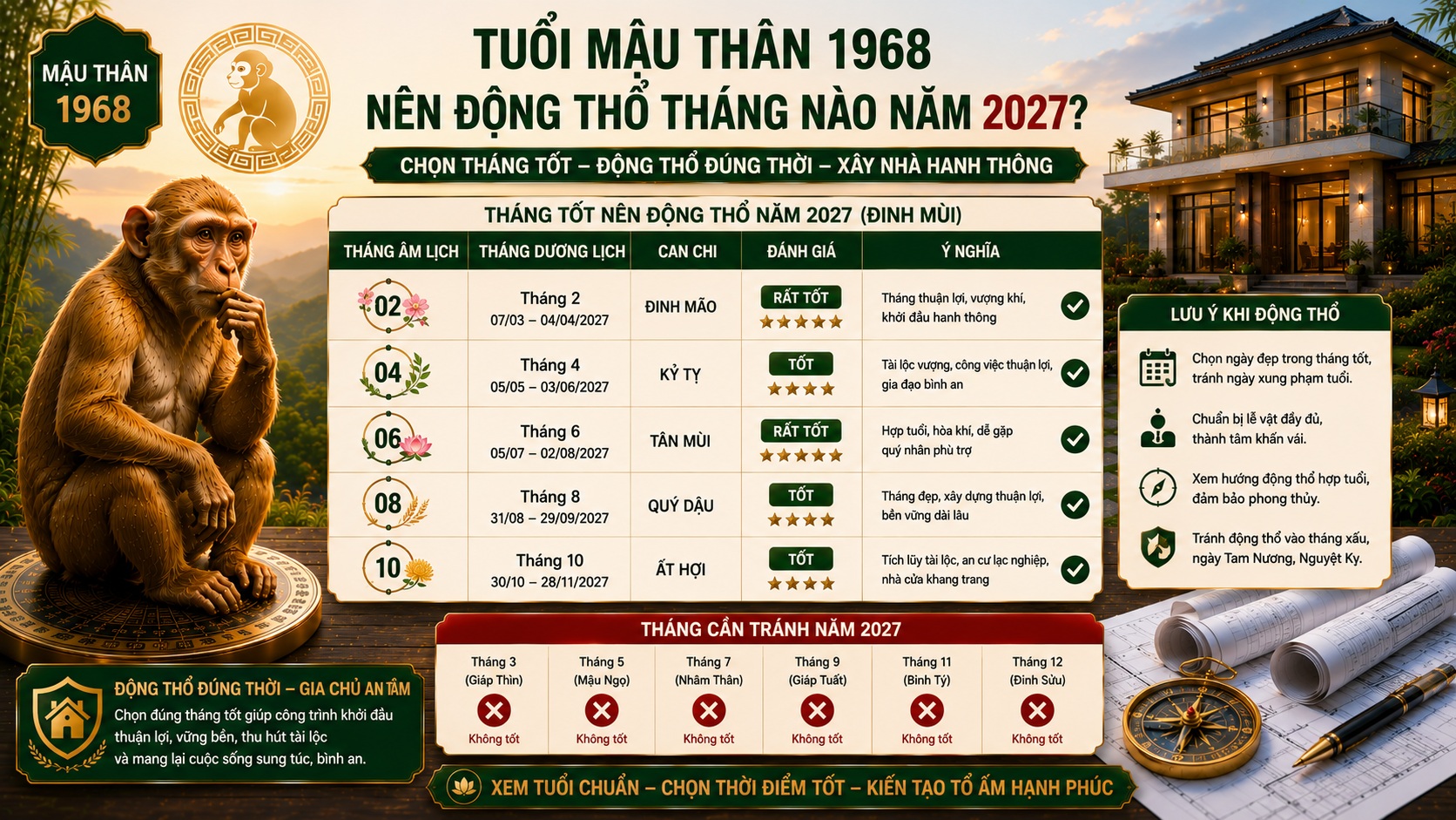 Tuổi Mậu Thân 1968 làm nhà năm 2027 có tốt không? Xem Kim Lâu, Hoang Ốc, Tam Tai chi tiết
