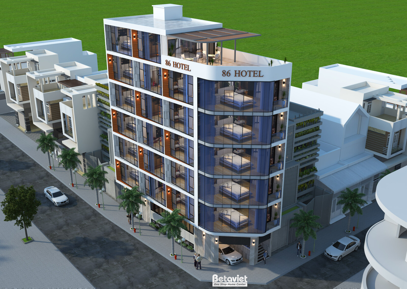 Phối cảnh toàn thể khách sạn 86 Hotel nhìn chéo từ trên cao ban ngày, công trình nổi bật giữa khu nhà phố liền kề, phía tr…