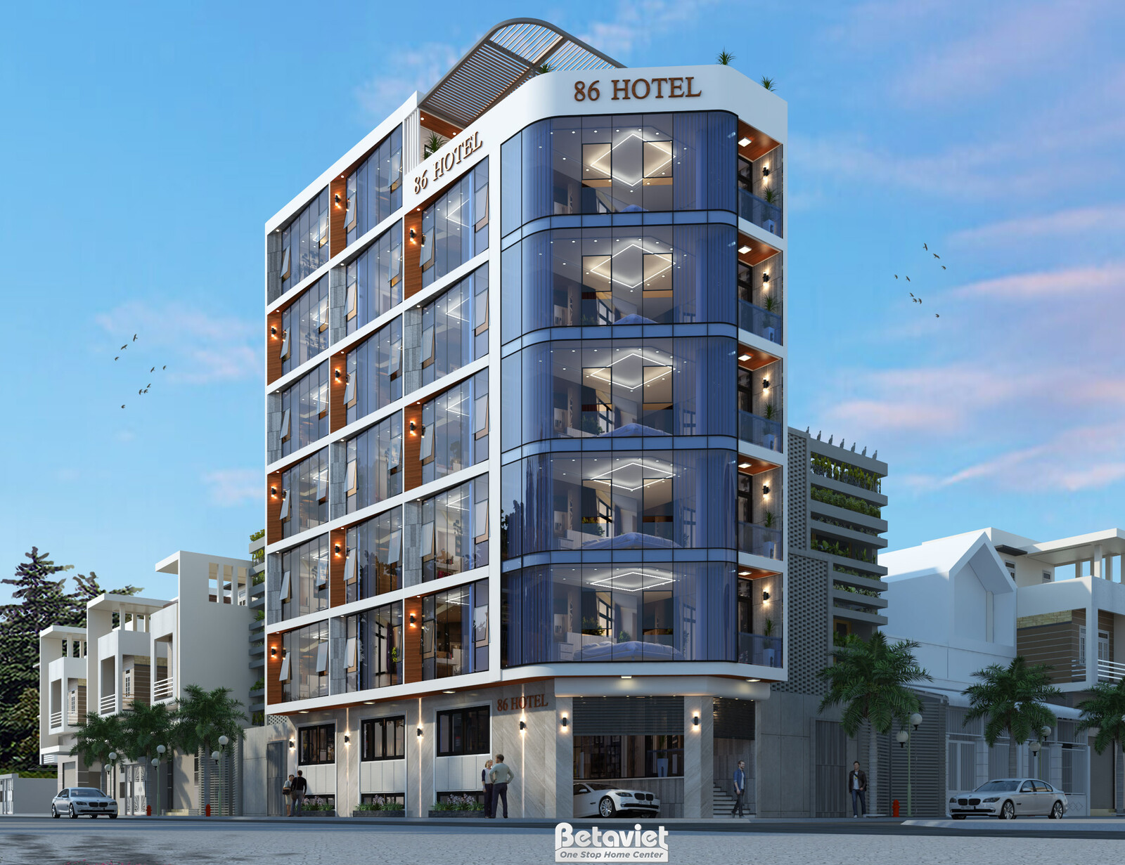 Phối cảnh mặt tiền khách sạn 86 Hotel lúc chiều tà, bầu trời ánh hoàng hôn pha hồng, đèn nội thất hắt sáng qua lớp kính lớ…