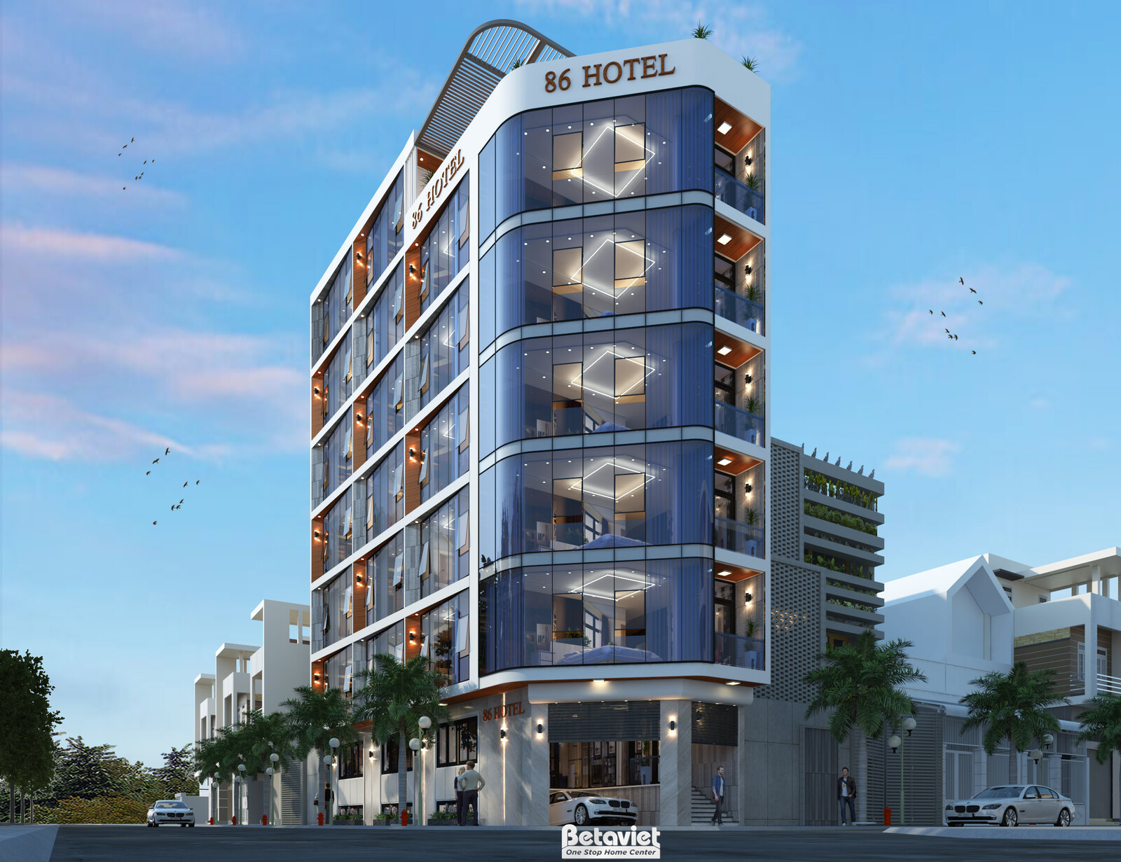 Phối cảnh mặt tiền khách sạn 86 Hotel ban ngày trời quang, đàn chim bay ngang bầu trời xanh, hàng cây xanh phía trước sảnh…