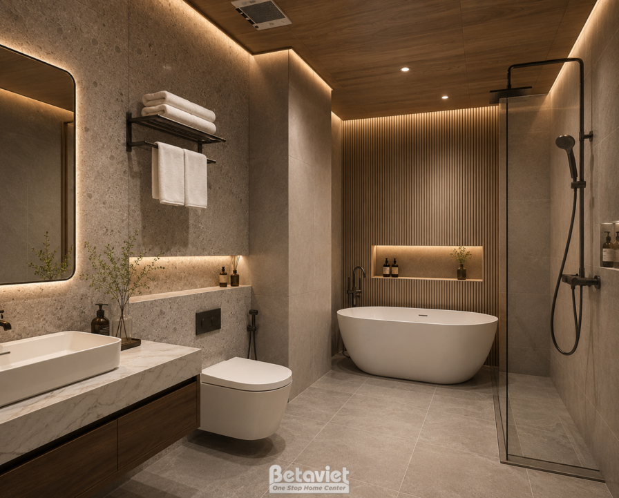 Phòng tắm rộng có bồn tắm oval đặt sàn màu trắng cạnh vách kính khu tắm đứng. Tường ốp nan gỗ dọc kết hợp đá nhám, kệ âm t…