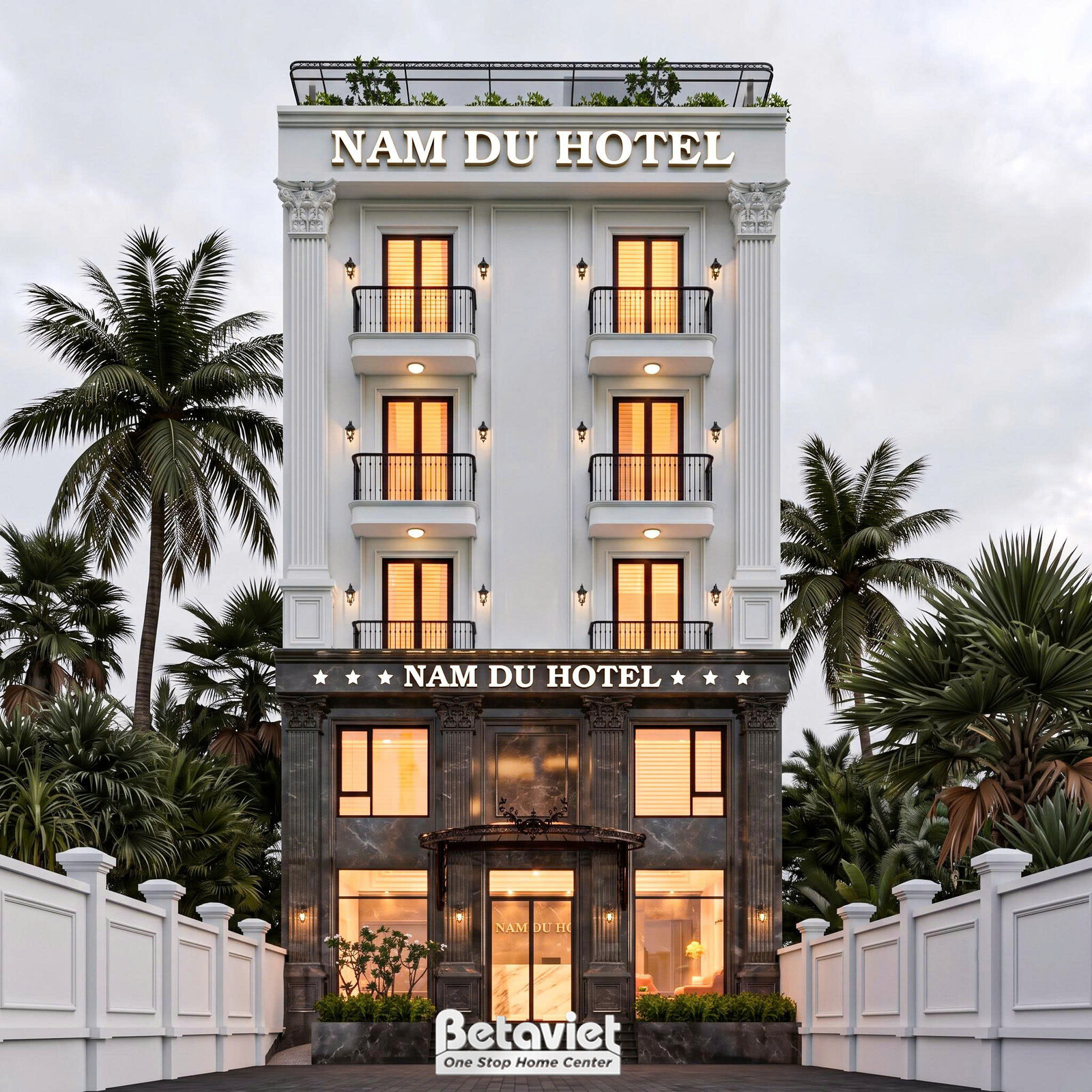 Phối cảnh mặt tiền khách sạn Nam Du Hotel nhìn thẳng ban đêm, khối nhà đối xứng, tầng trệt ốp đá tối màu với sảnh kính lớn…