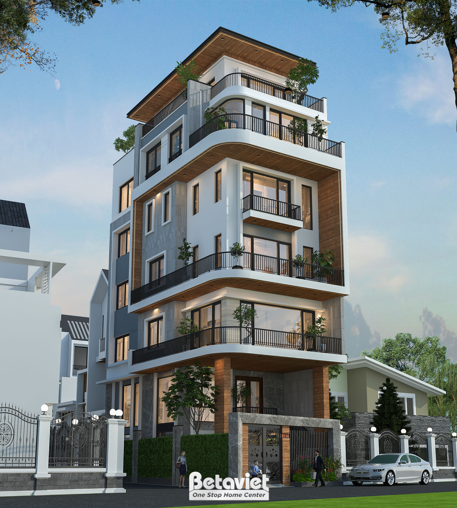 Góc nhìn cận mặt tiền từ dưới lên, nổi bật mái đón tam giác lợp gỗ nâu trên tầng thượng và hệ ban công cong mềm mại xuyên…