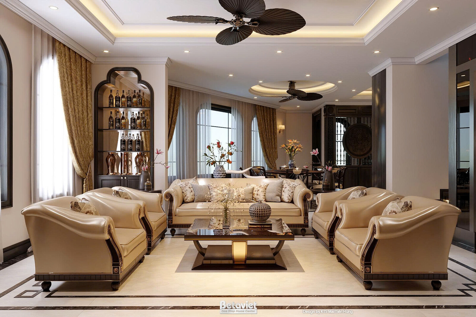 Nội thất phòng khách biệt thự Indochine NT5200718-1 – góc nhìn tổng thể