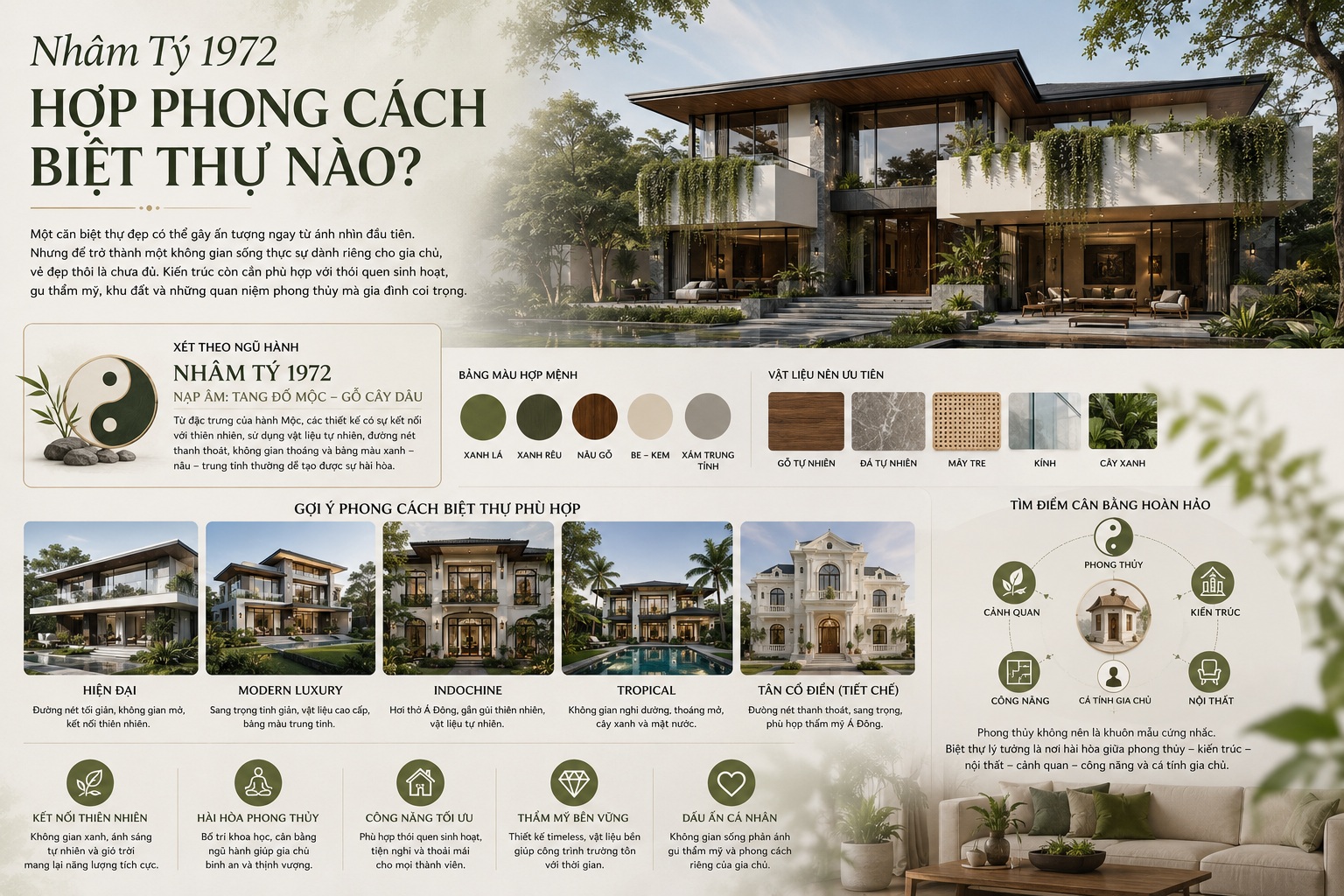 Tuổi Nhâm Tý 1972 hợp phong cách biệt thự nào? Gợi ý thiết kế chuẩn phong thủy