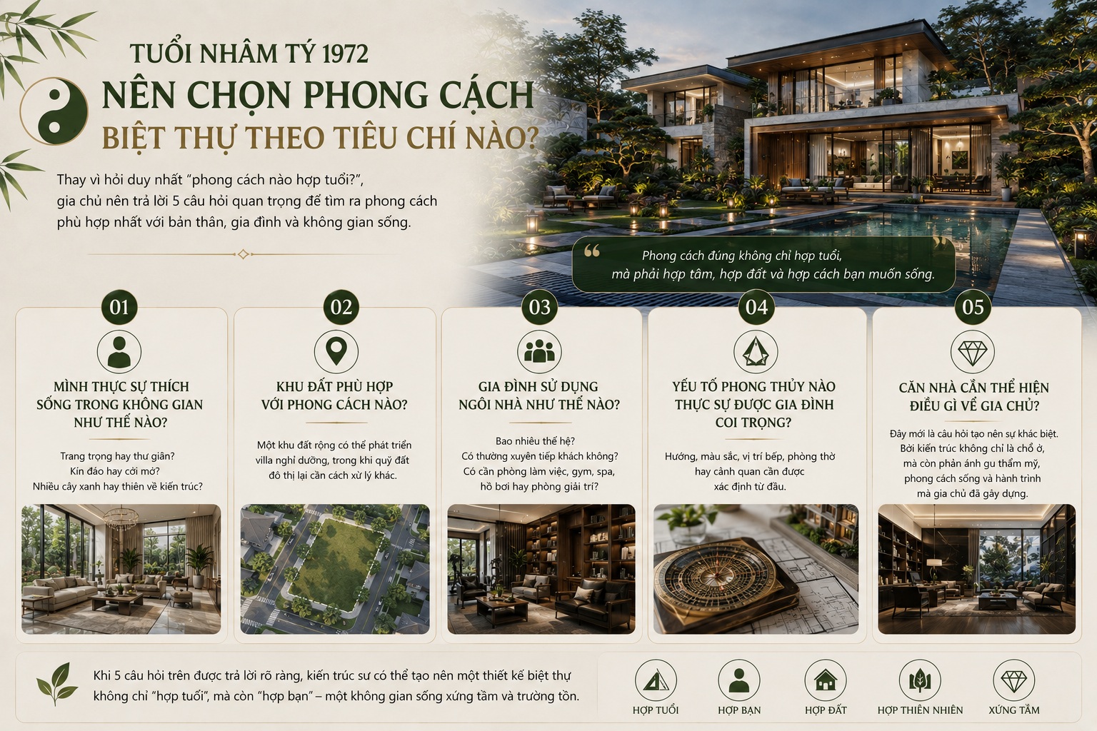Tuổi Nhâm Tý 1972 hợp phong cách biệt thự nào? Gợi ý thiết kế chuẩn phong thủy