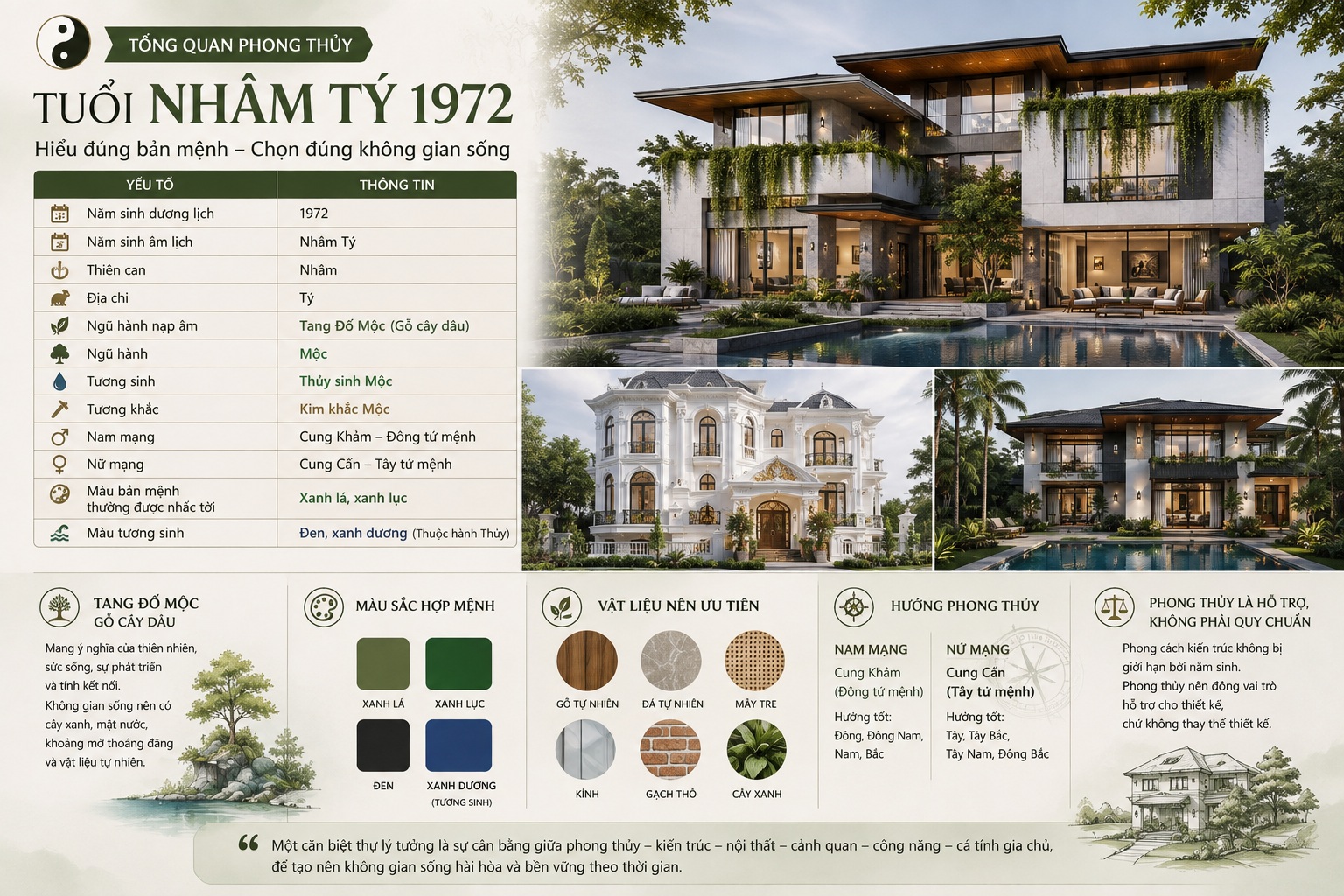 Tuổi Nhâm Tý 1972 hợp phong cách biệt thự nào? Gợi ý thiết kế chuẩn phong thủy