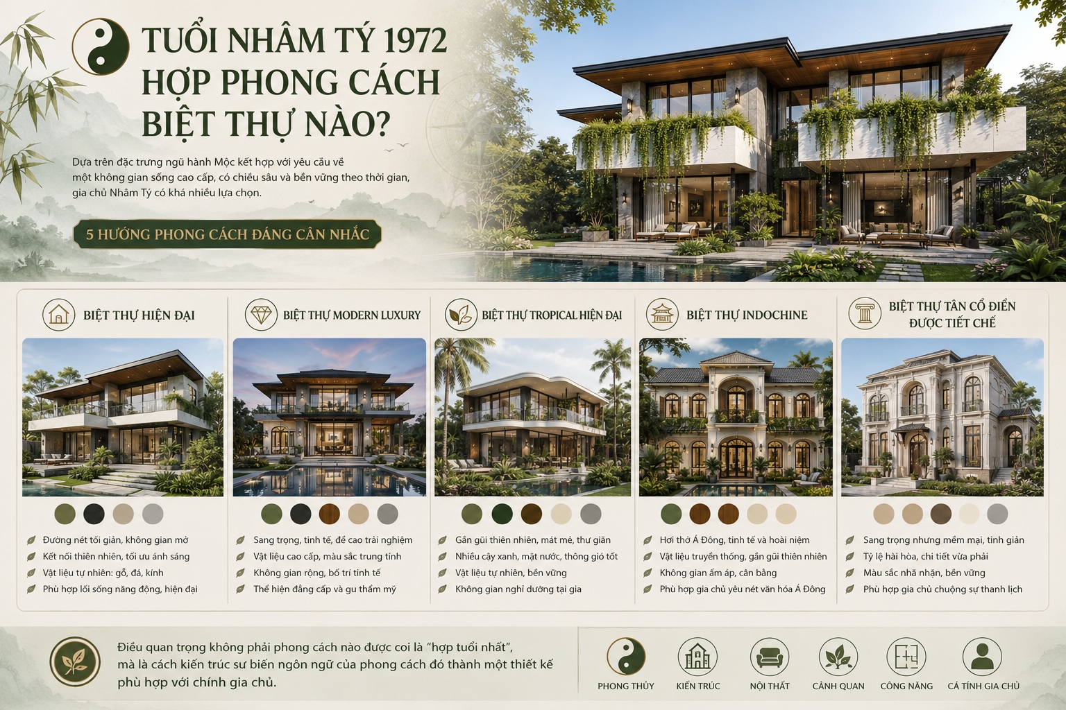 Tuổi Nhâm Tý 1972 hợp phong cách biệt thự nào? Gợi ý thiết kế chuẩn phong thủy