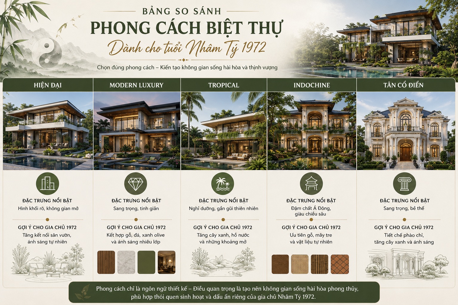 Tuổi Nhâm Tý 1972 hợp phong cách biệt thự nào? Gợi ý thiết kế chuẩn phong thủy