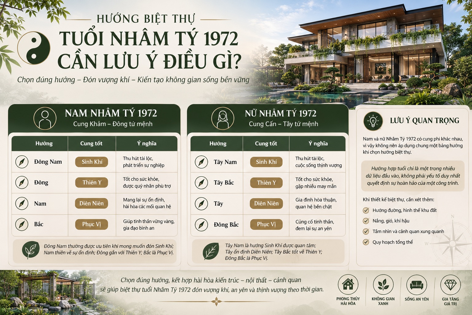 Tuổi Nhâm Tý 1972 hợp phong cách biệt thự nào? Gợi ý thiết kế chuẩn phong thủy