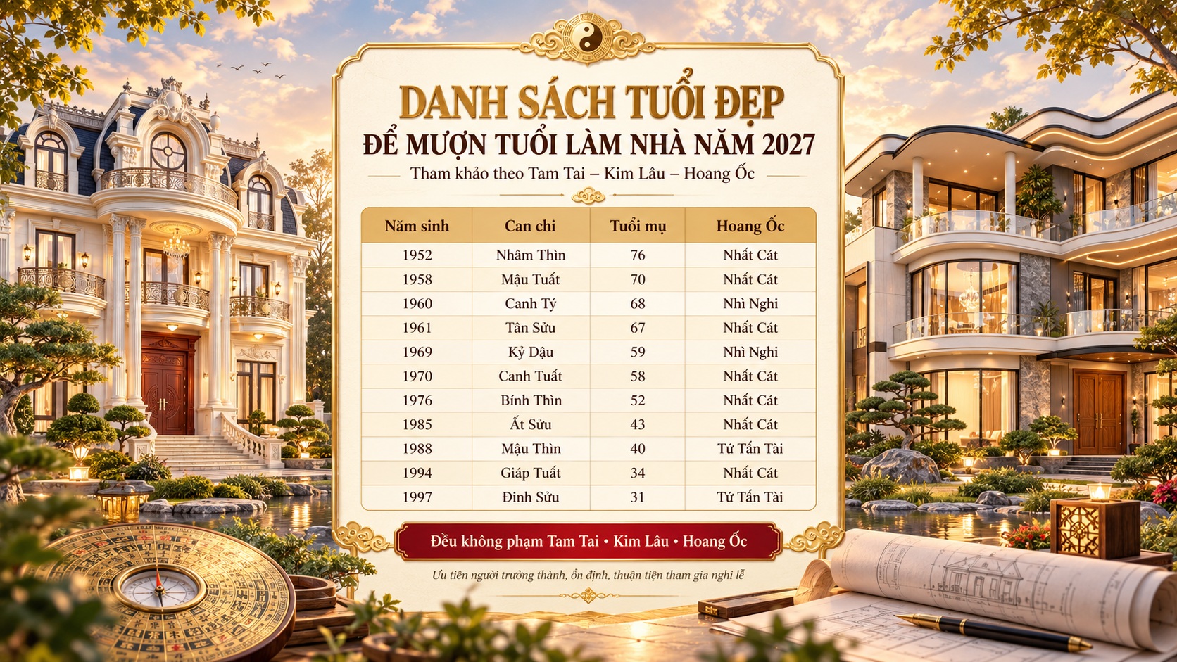 Danh sách tuổi đẹp để mượn tuổi làm nhà năm 2027 theo phong thủy chuẩn