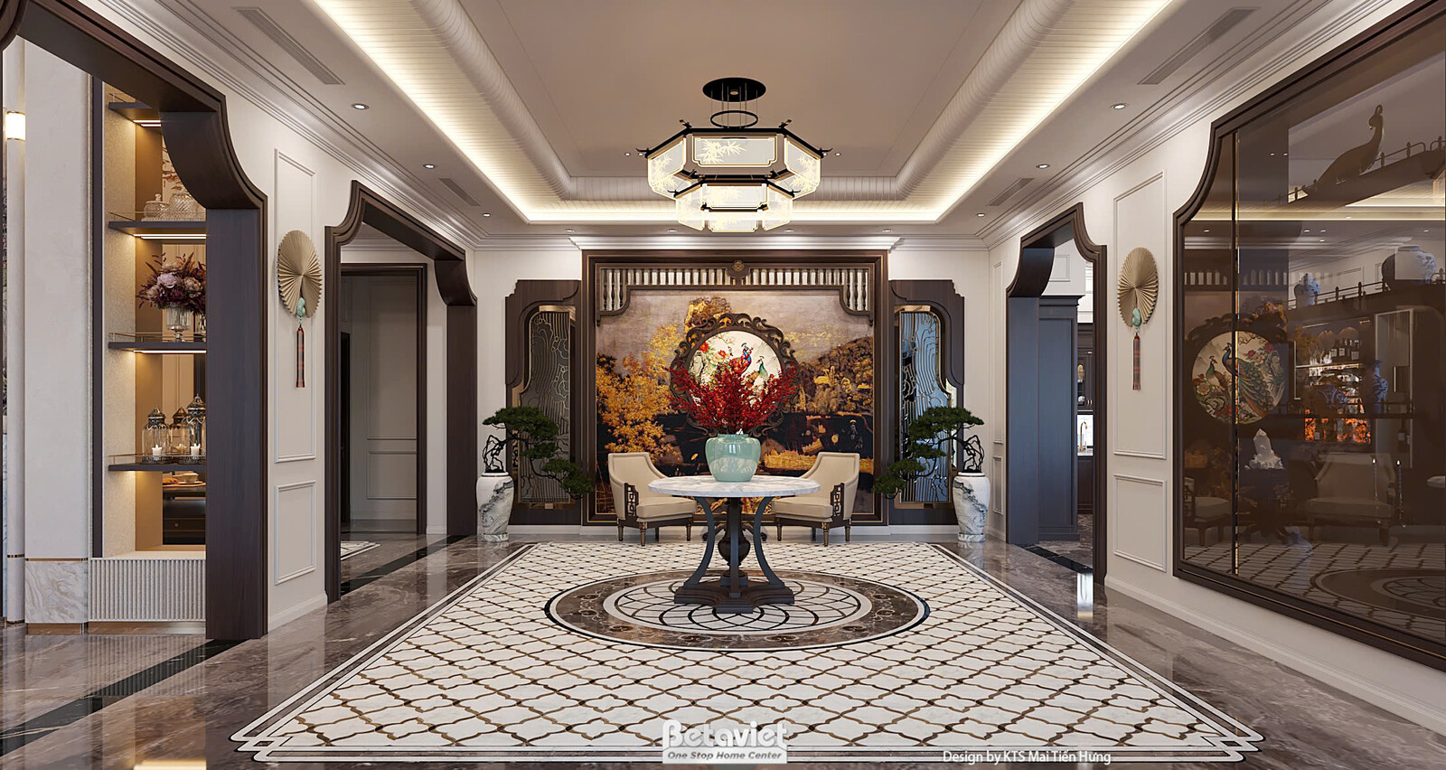 Đại sảnh nhìn đối xứng, bàn tròn chân gỗ tối ở giữa bày bình gốm xanh nhạt và cành hoa đỏ, sàn ốp hoa văn hình tròn hình h…