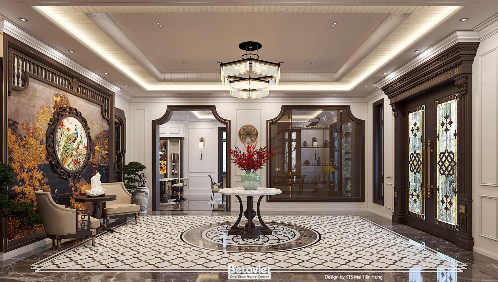 Đại sảnh nhìn gần bàn tròn decor, phía sau là mảng tranh tròn họa tiết chim hoa tông vàng nâu đóng khung gỗ đậm, tủ kính t…