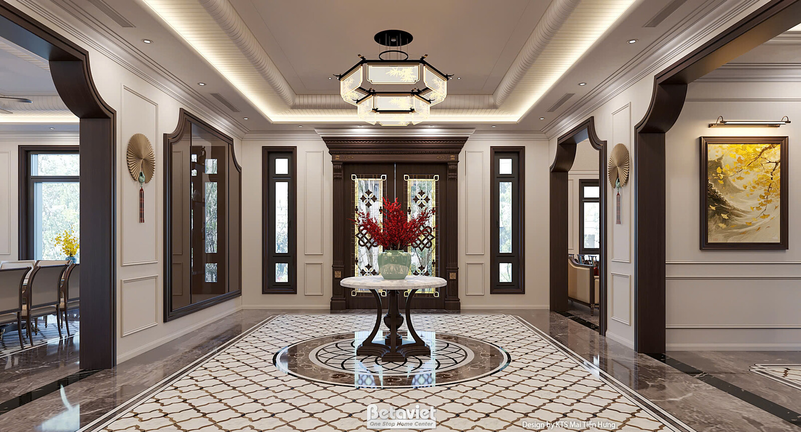Hành lang đại sảnh nhìn rộng, tủ kính trưng bày rượu và đồ decor nổi bật bên phải, các khung cửa vòm cong nối tiếp hai bên…