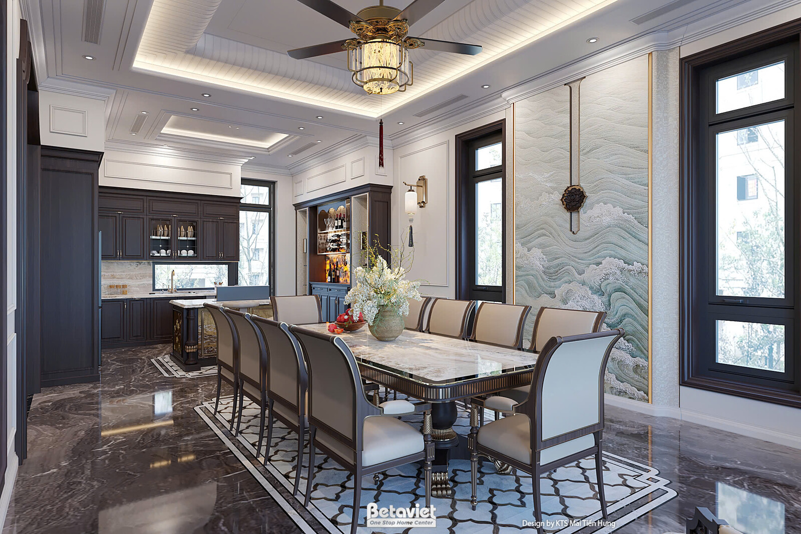 Khu bar bếp với tủ gỗ sẫm, đảo đá cẩm thạch dạng thác nước cạnh ghế bar cao, đèn quạt trần, tường ốp vân đá nhẹ, bàn ăn hi…