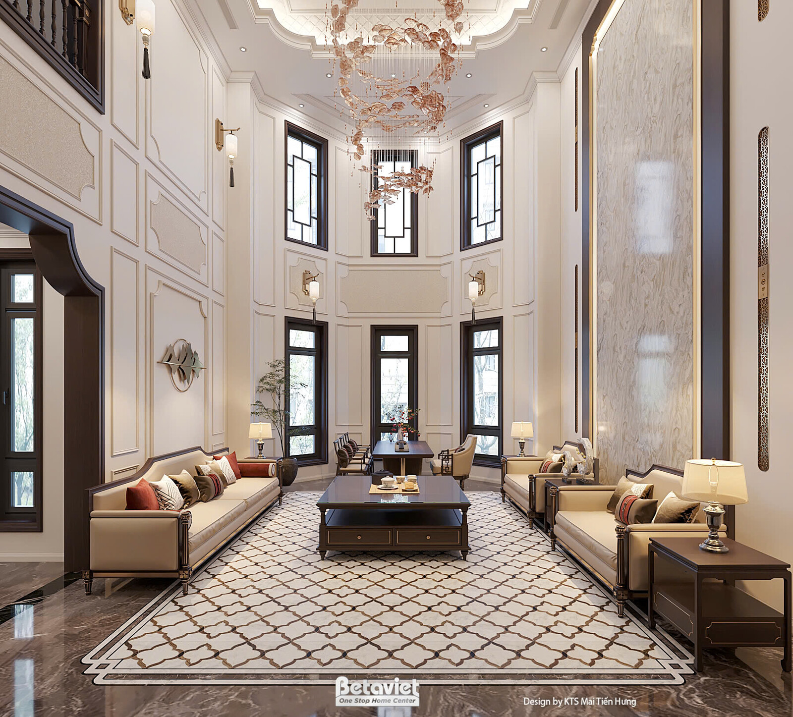 Góc nhìn chính diện dãy ba cửa sổ khung tối kịch trần, hai sofa sáng màu đối xứng quanh bàn trà vuông gỗ đậm, thảm sàn hoa…