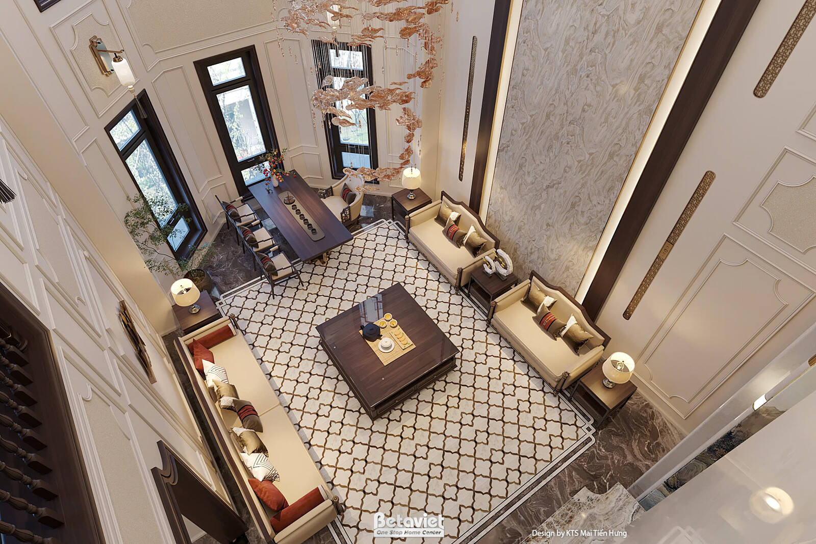 Toàn cảnh khu khách nhìn từ trên xuống, bao quát cửa sổ, hai cụm sofa, tủ kính trưng bày rượu, lan can tầng trên hé lộ khô…