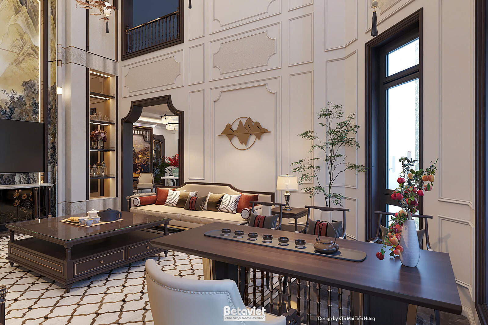 Góc nhìn hướng ban công/cầu thang tầng trên, bàn console gỗ dài bày bình hoa đỏ và đồ trang trí nhỏ, sofa gối màu sắc bên…