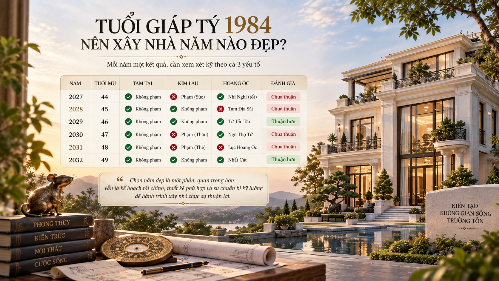 Tuổi Giáp Tý 1984 làm nhà năm 2027 có tốt không? Xem Kim Lâu, Hoang Ốc, Tam Tai chi tiết