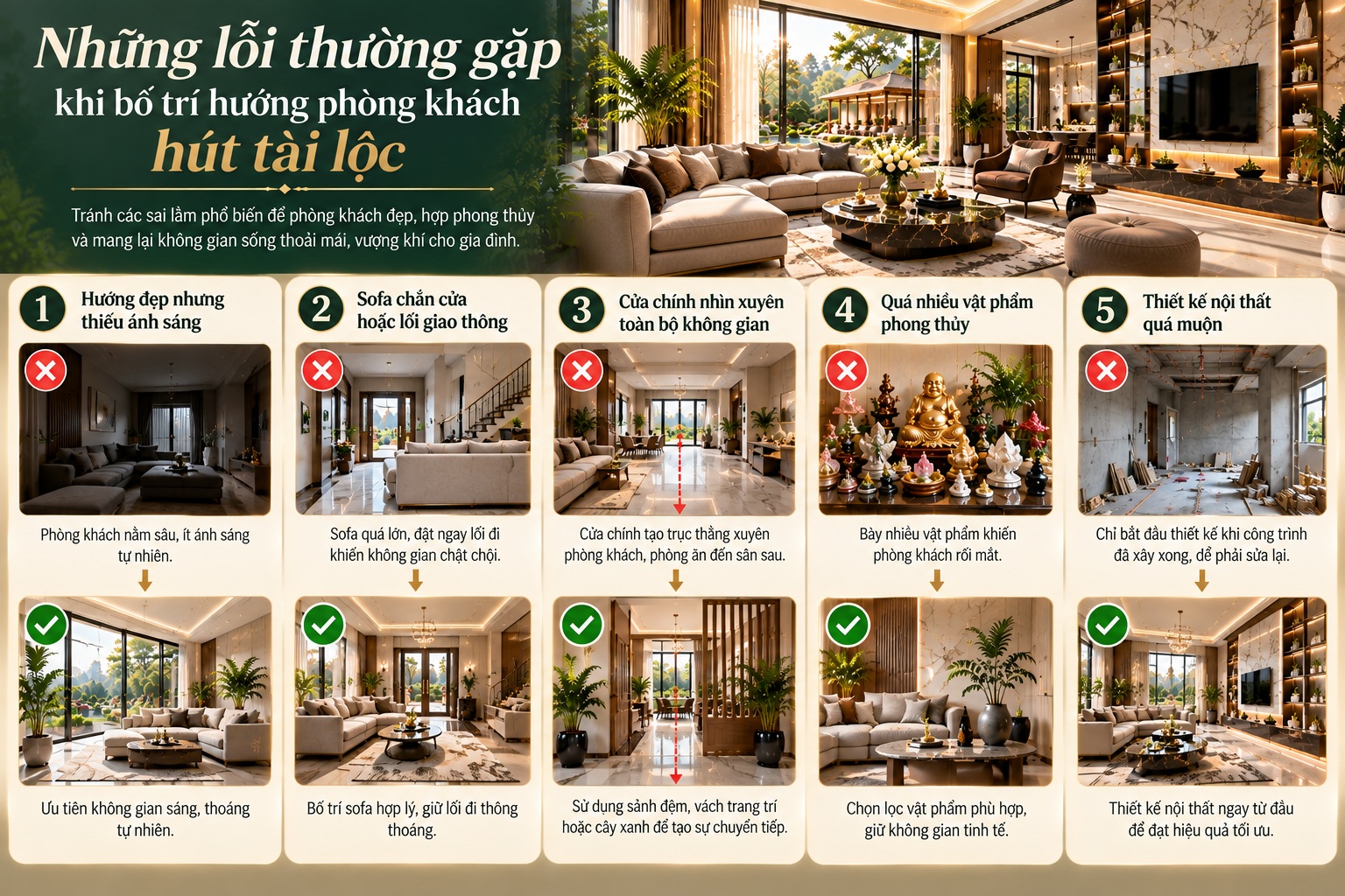 Hướng phòng khách hút tài lộc: Nguyên tắc bố trí chuẩn phong thủy