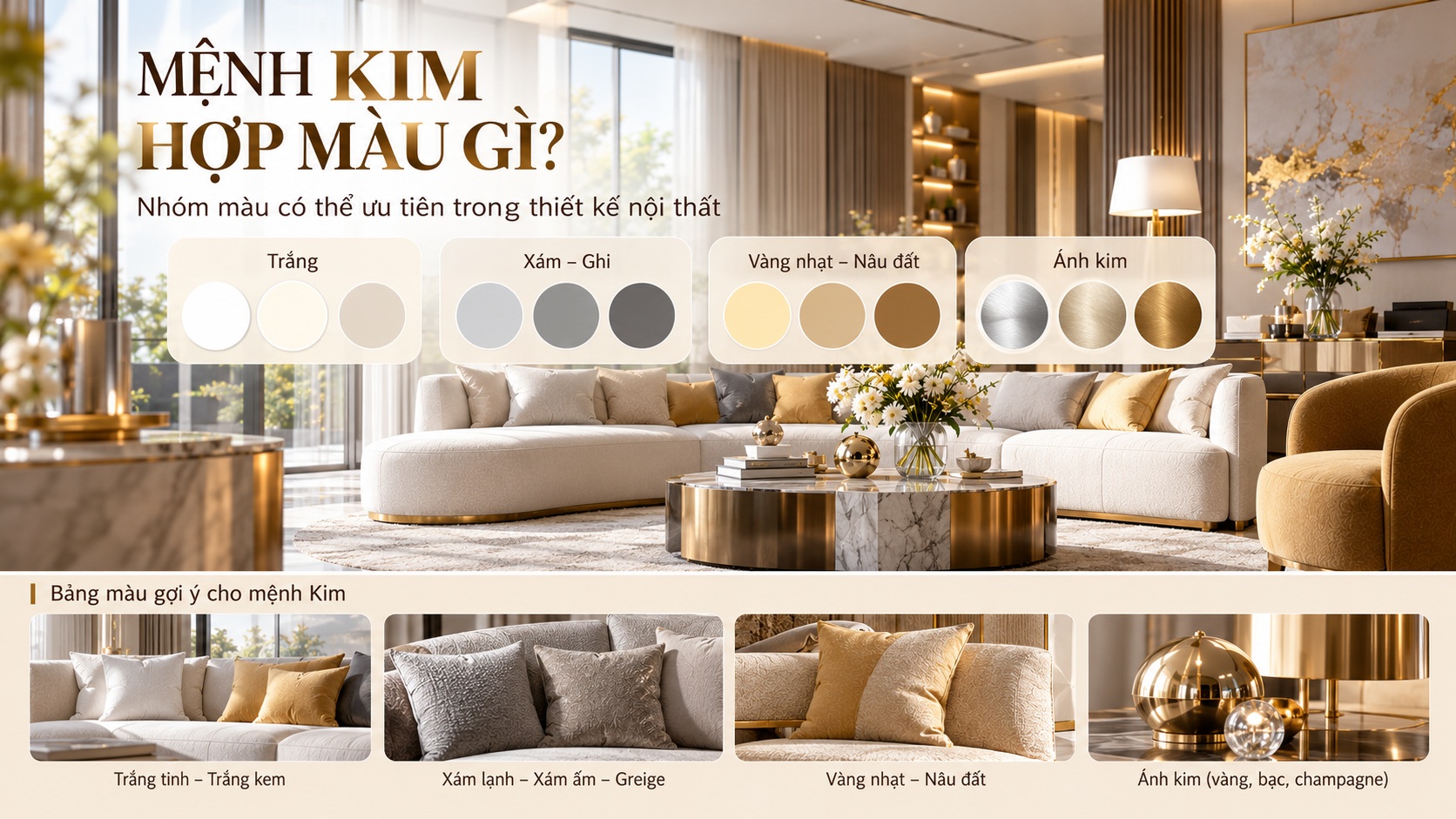 Màu sắc nội thất hợp mệnh Kim: Gợi ý phối màu chuẩn phong thủy cho không gian sống