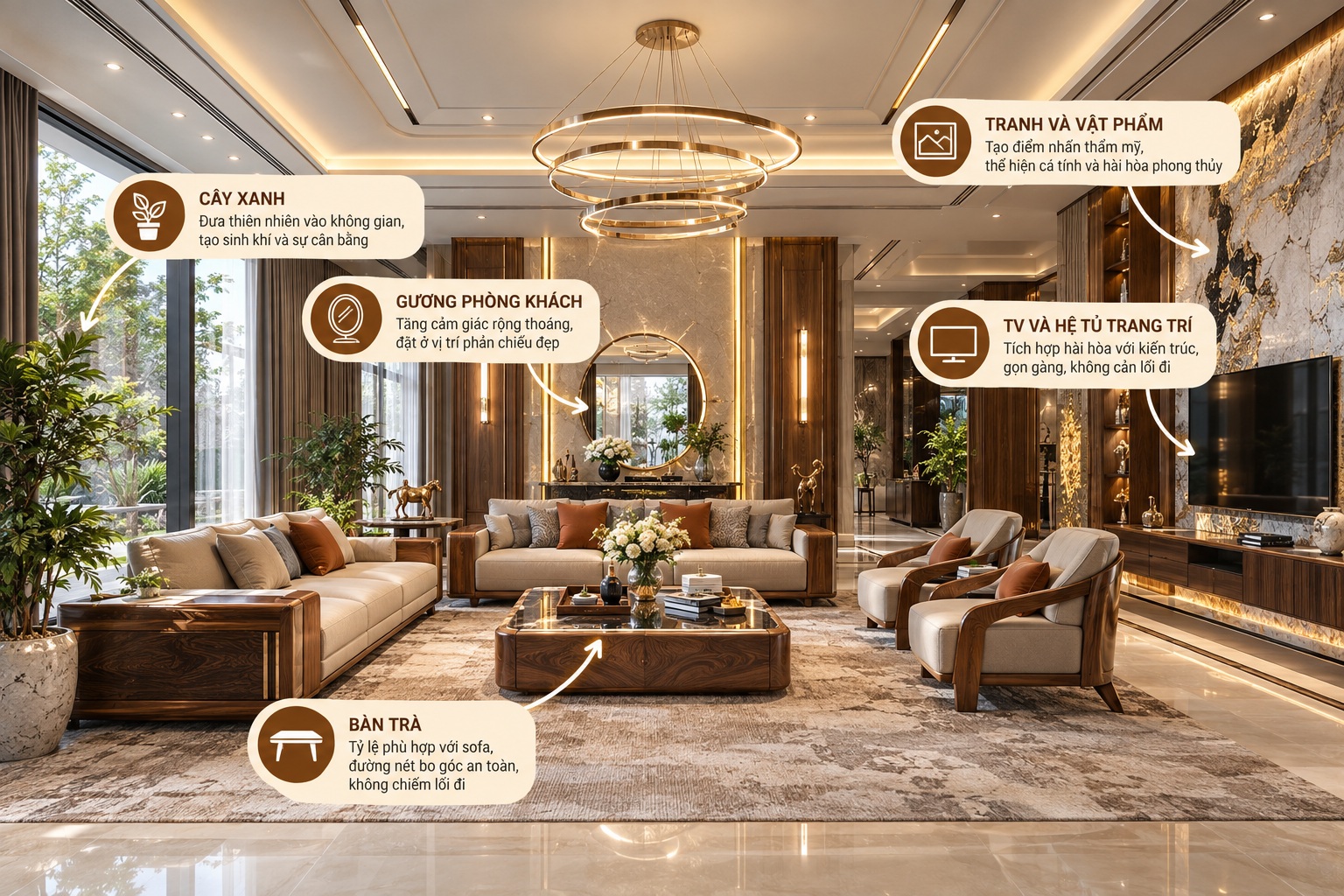Phong thủy phòng khách biệt thự: Nguyên tắc bố trí giúp thu hút vượng khí